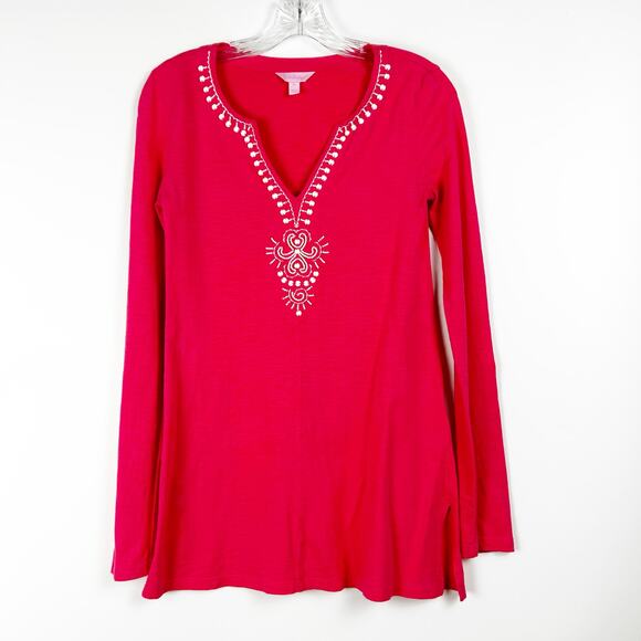Lilly Pulitzer Eliana Tunic Top Coral/White Beaded Roll Sleeves Womens Size XS - Picture 3 of 12